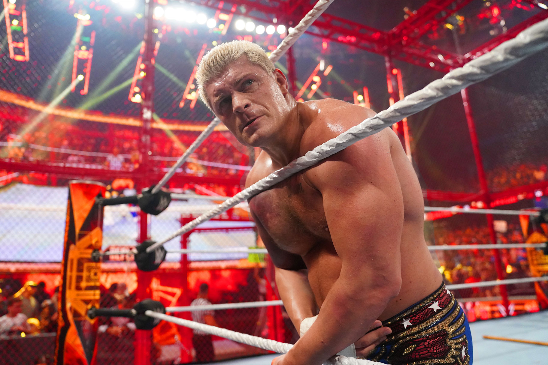 Cody Rhodes leaning against the ropes in pain