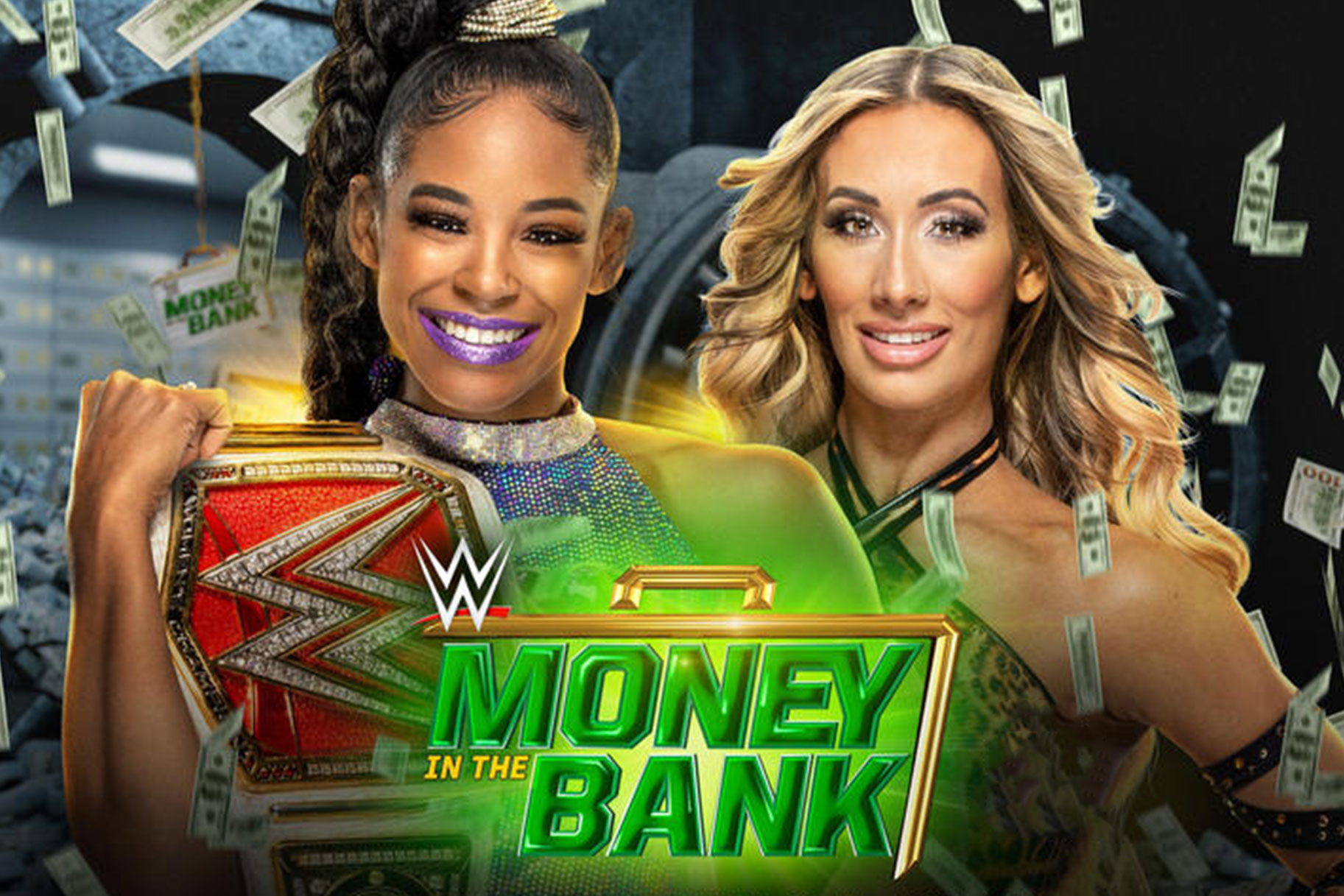 promo image for money in the Bank that features Bianca Belair and Carmella