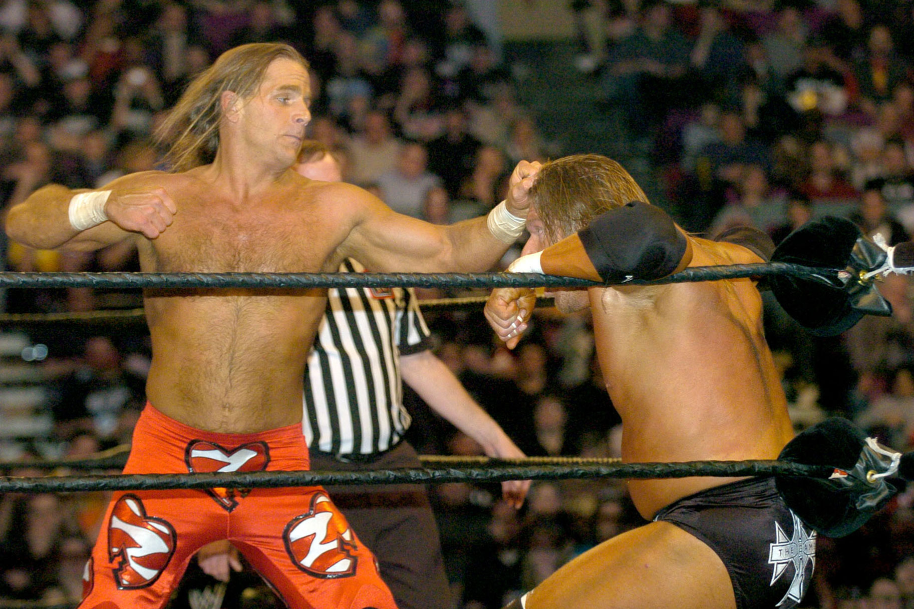 Shawn Michaels punching Triple H in the ring