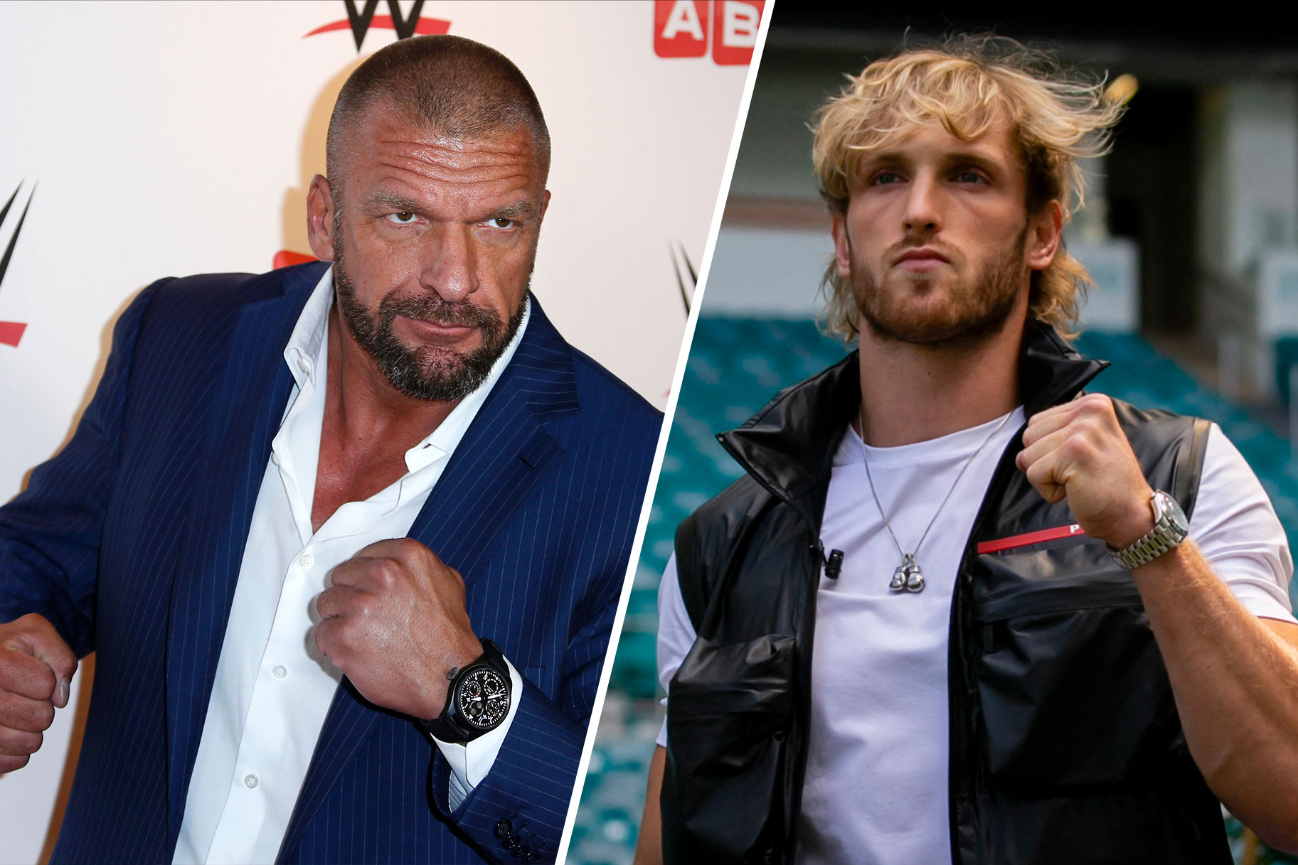 Split image of Triple H and Logan Paul