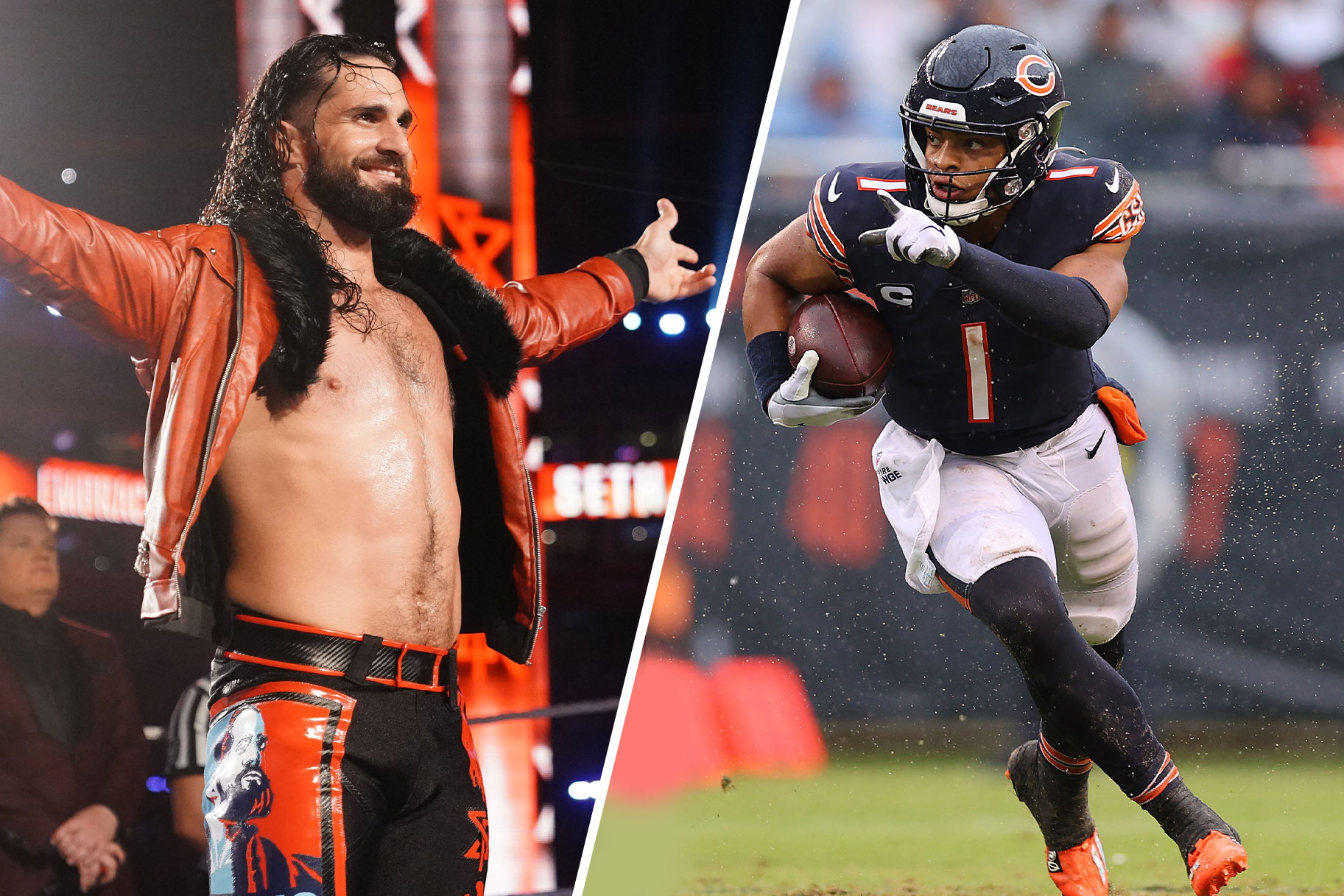 Split image of Seth Rollins and Justin Fields #1 of the Chicago Bears