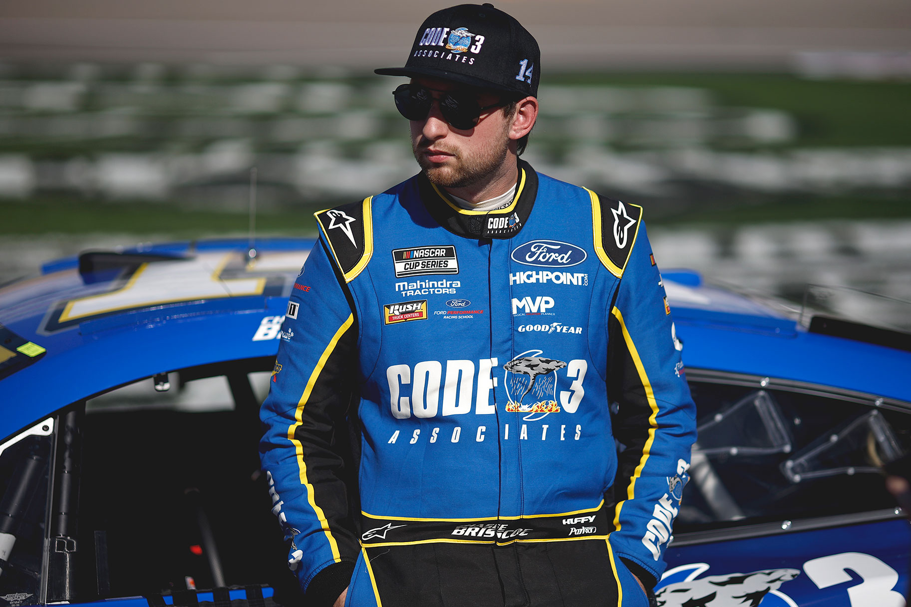 Chase Briscoe, driver of the #14 Ford Code 3 Associates Ford, waits on the grid during qualifying for the NASCAR Cup Series South Point 400