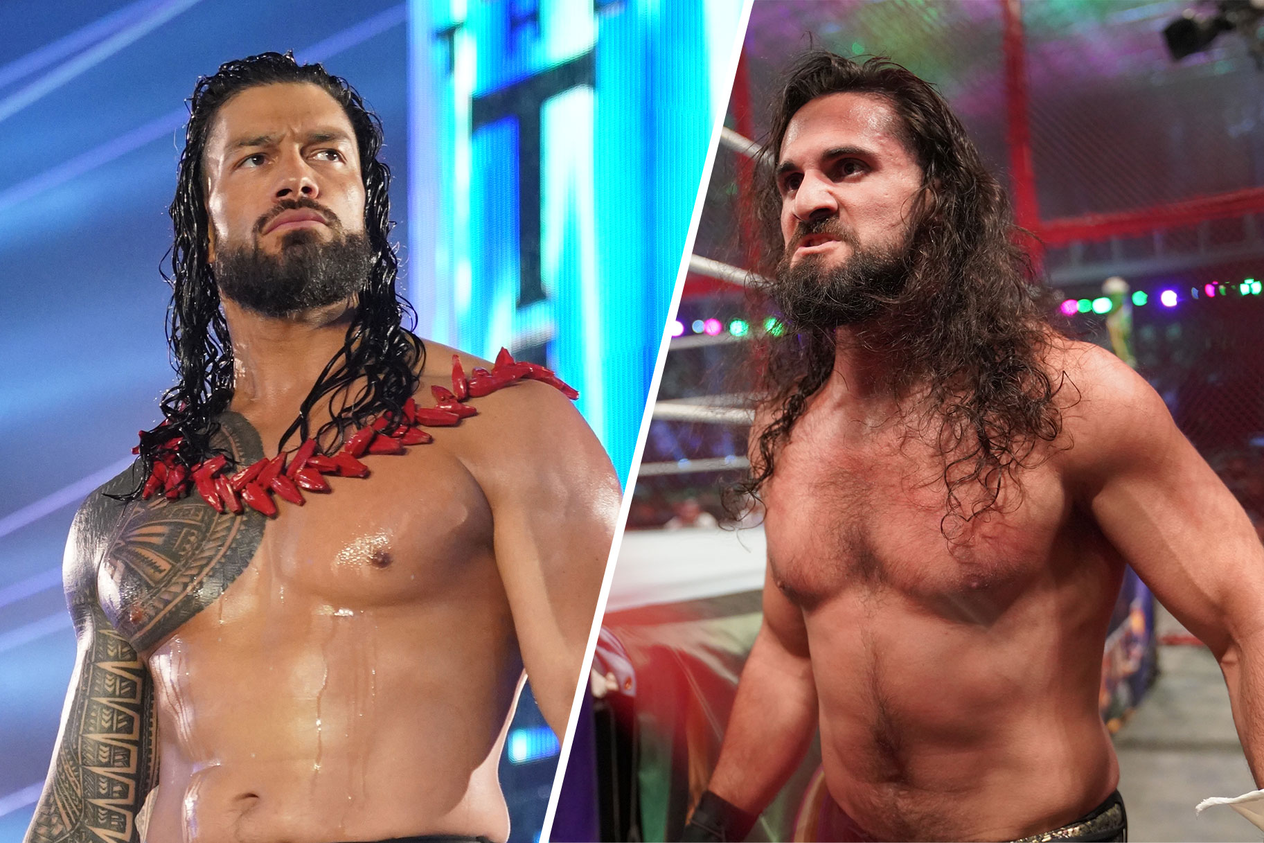 Split image of Roman Reigns and Seth Rollins