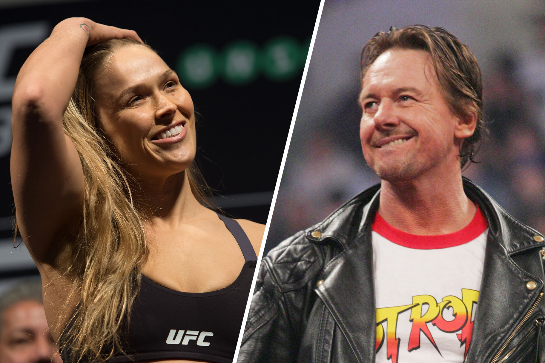 Split image of Ronda Rousey and Roddy Piper