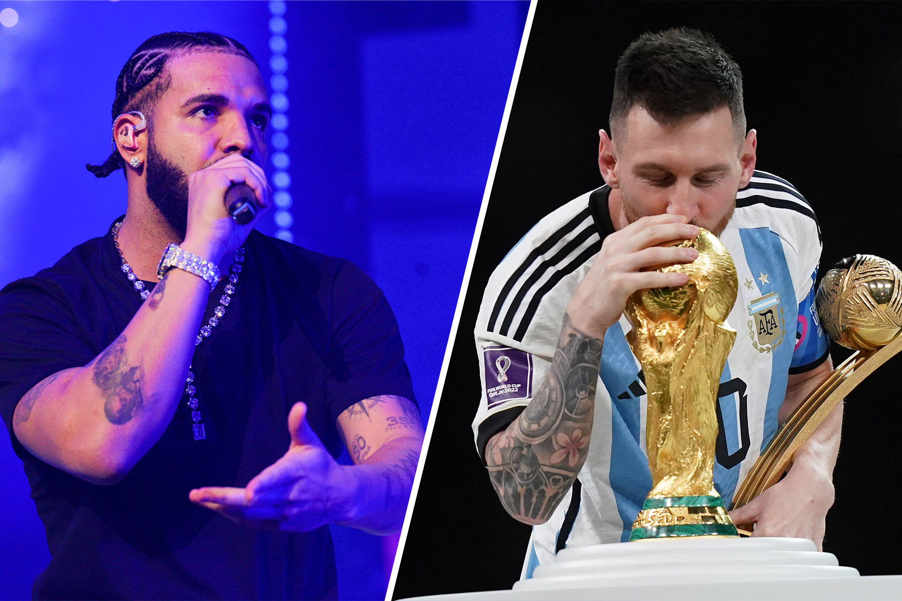 Split Image of Drake performing and Lionel Messi kissing the World Cup Trophy