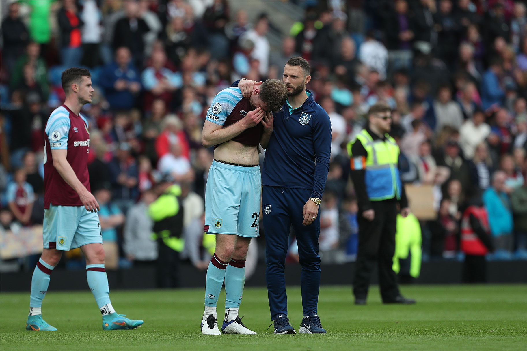 Nathan Collins of Burnley in tears after their defeat and relegation  during the Premier League match between Burnley and Newcastle United at Turf Moor