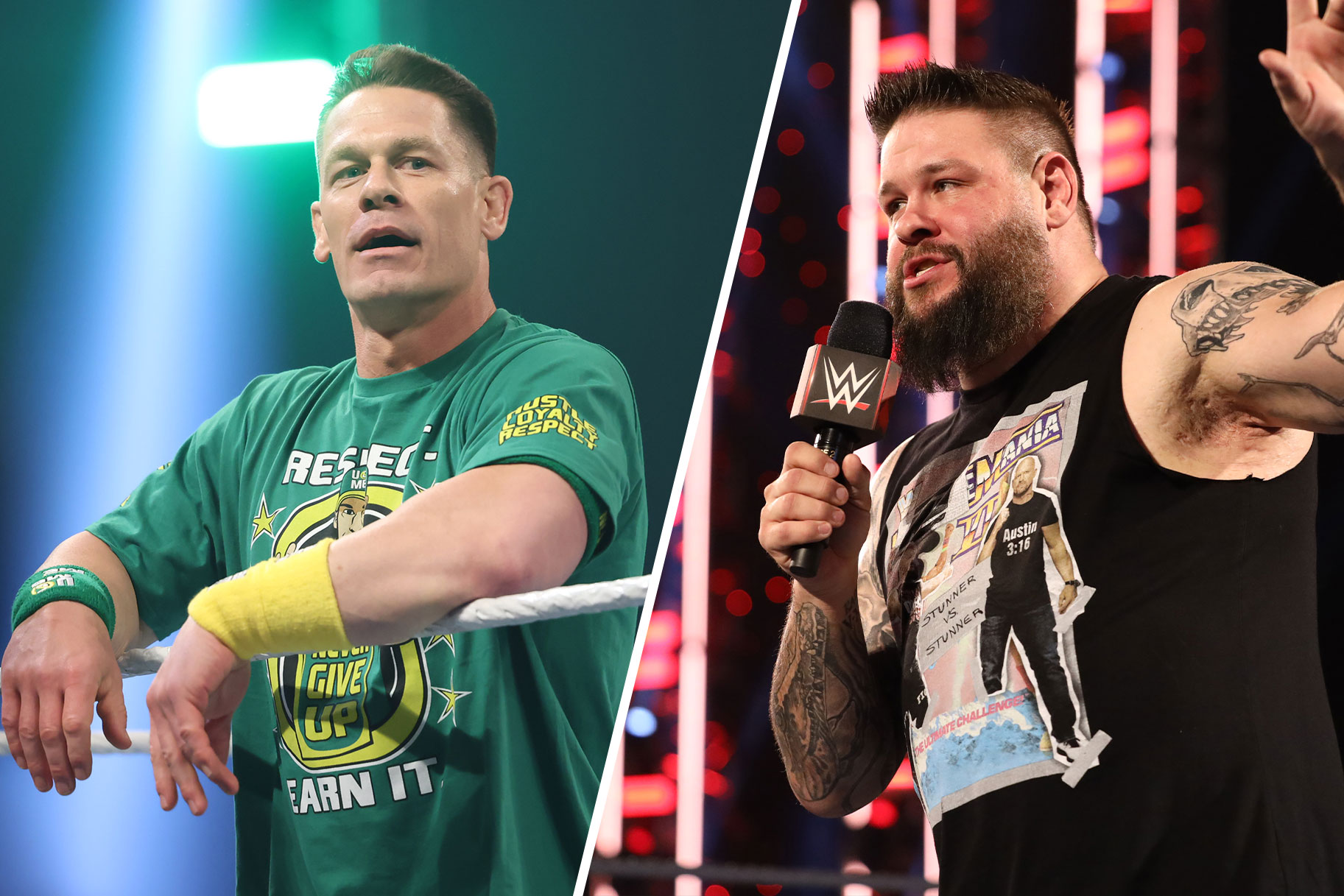 Split image of Kevin Owens and John Cena