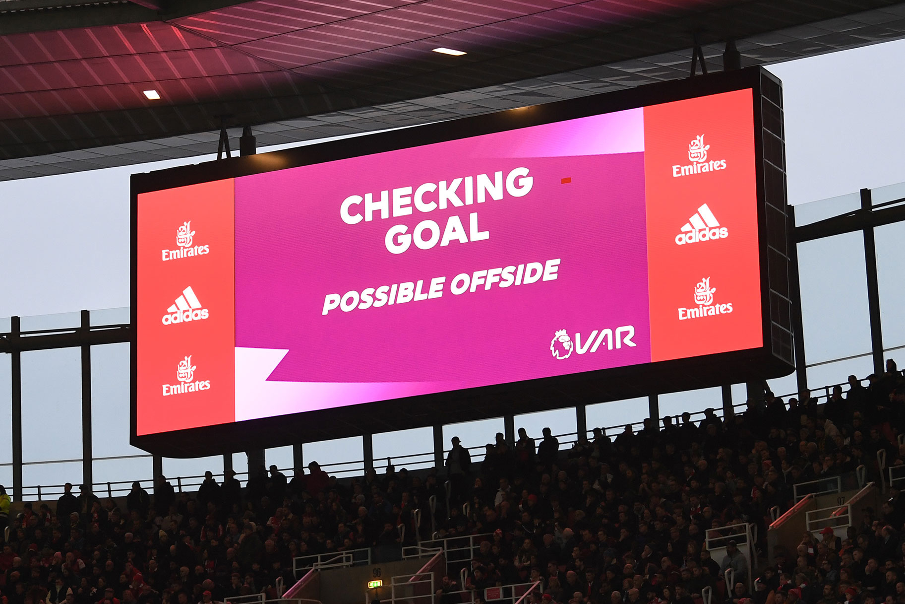 The Big screen shows that VAR is checking the Brentford goal during the Premier League match between Arsenal FC and Brentford FC at Emirates Stadium on February 11, 2023 in London, England