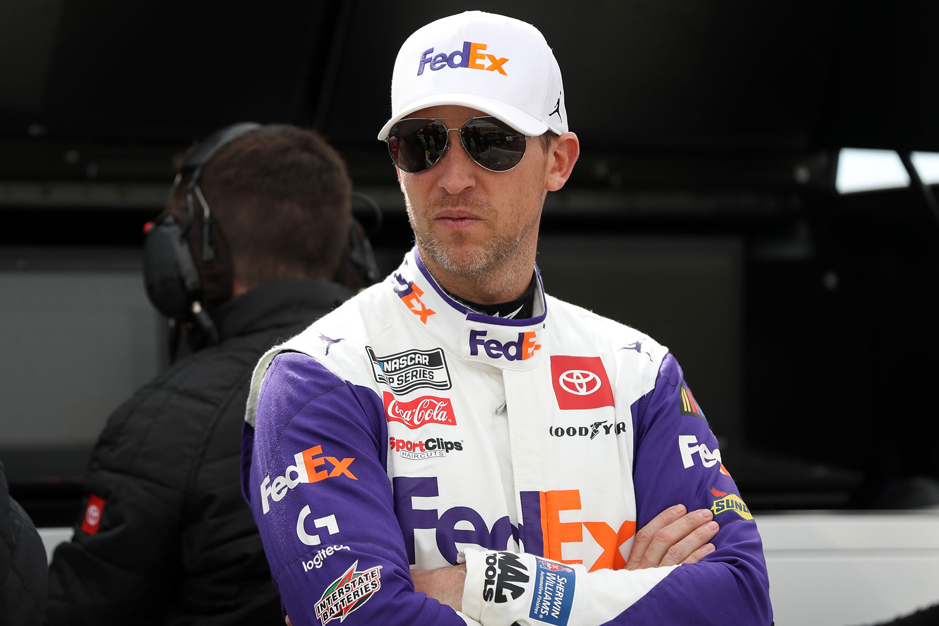 Denny Hamlin, driver of the #11 FedEx Express Toyota, waits on the grid during practice for the NASCAR Cup Series Pennzoil 400