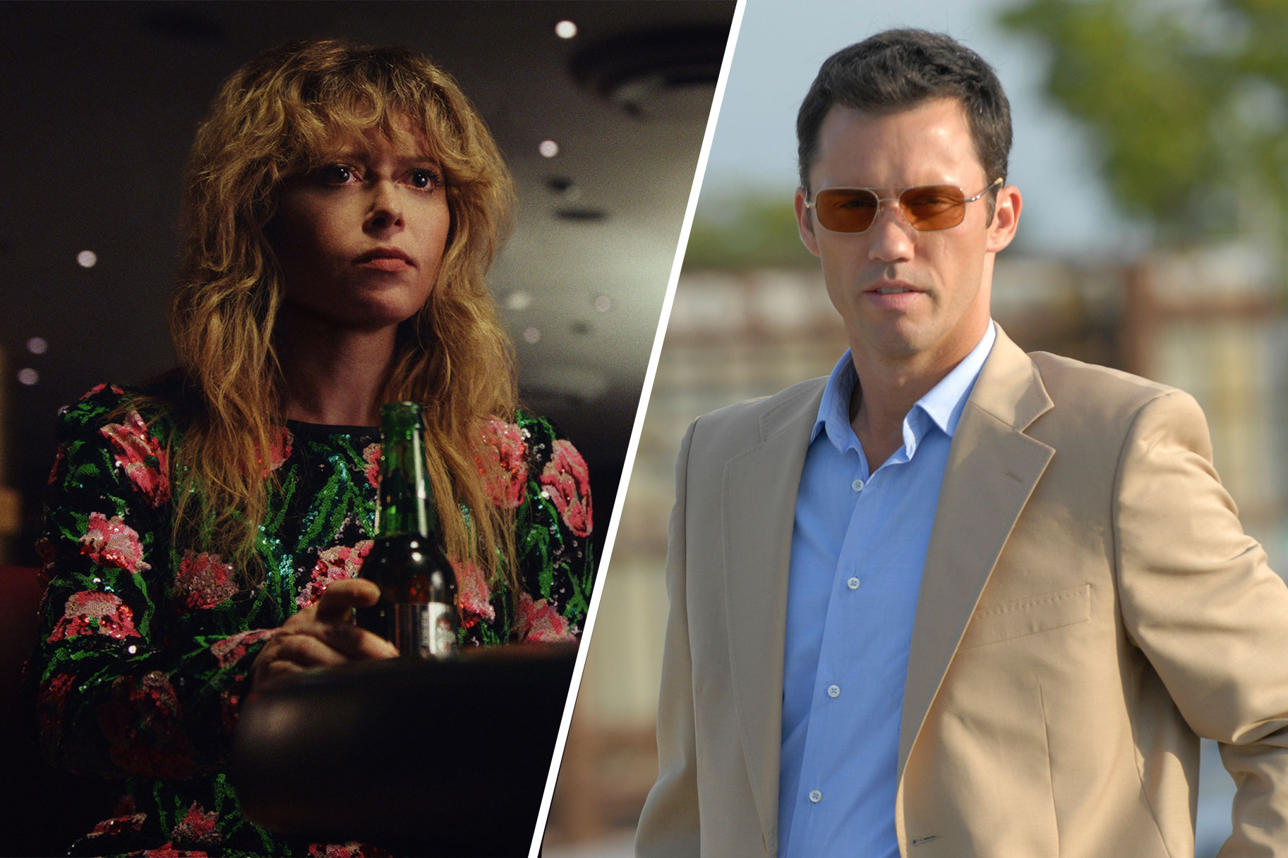 Split image of the tv shows 'Poker Face' and 'Burn Notice'
