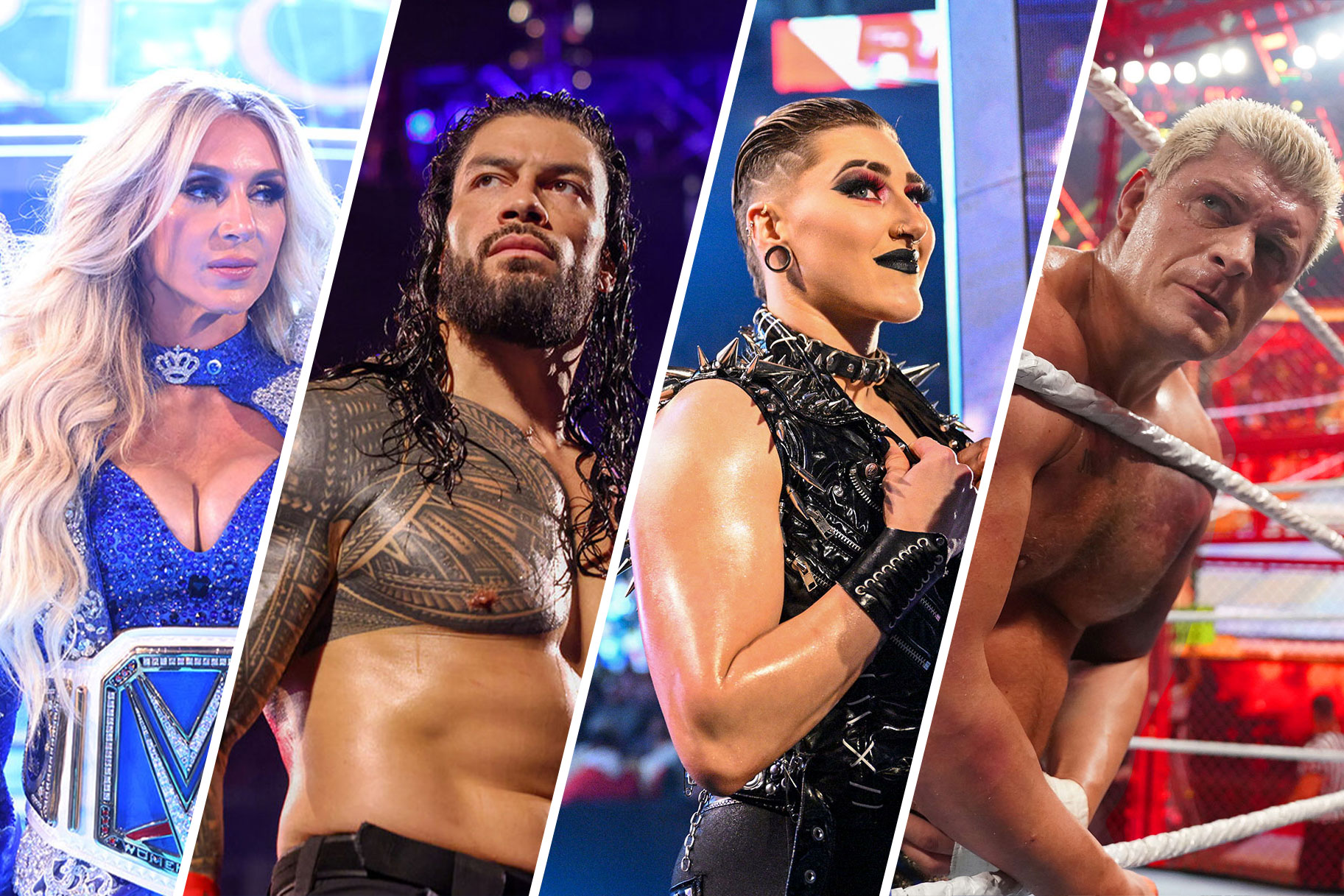 A four-way split image of Cody Rhodes/Roman Reigns/Charlotte Flair/Rhea Ripley