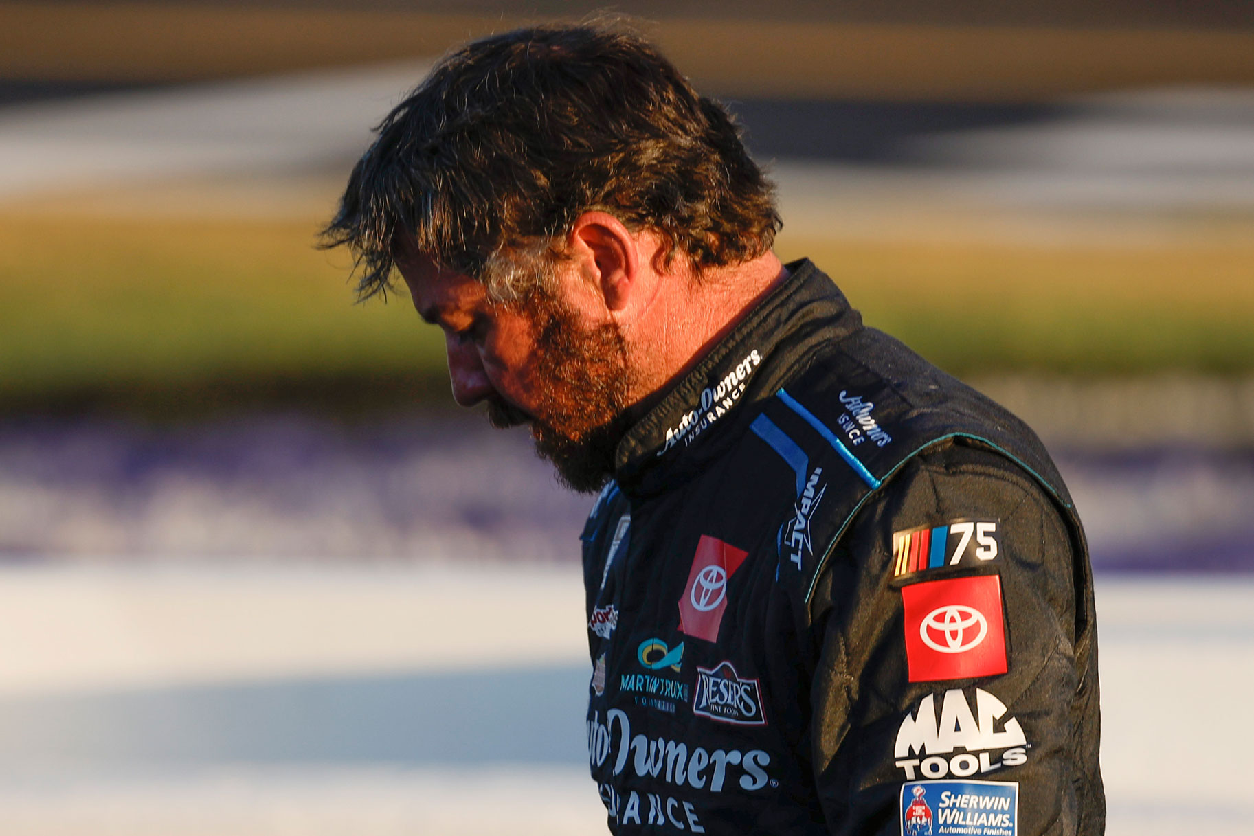 Martin Truex Jr., driver of the #19 Auto-Owners Insurance Toyota, reacts after the NASCAR Cup Series Toyota Owners 400