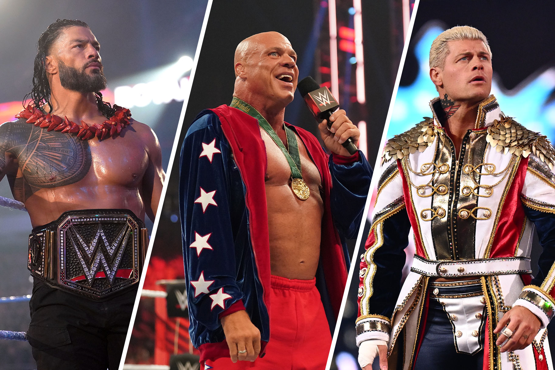 split image of Roman Reigns, Kurt Angle, and Cody Rhodes