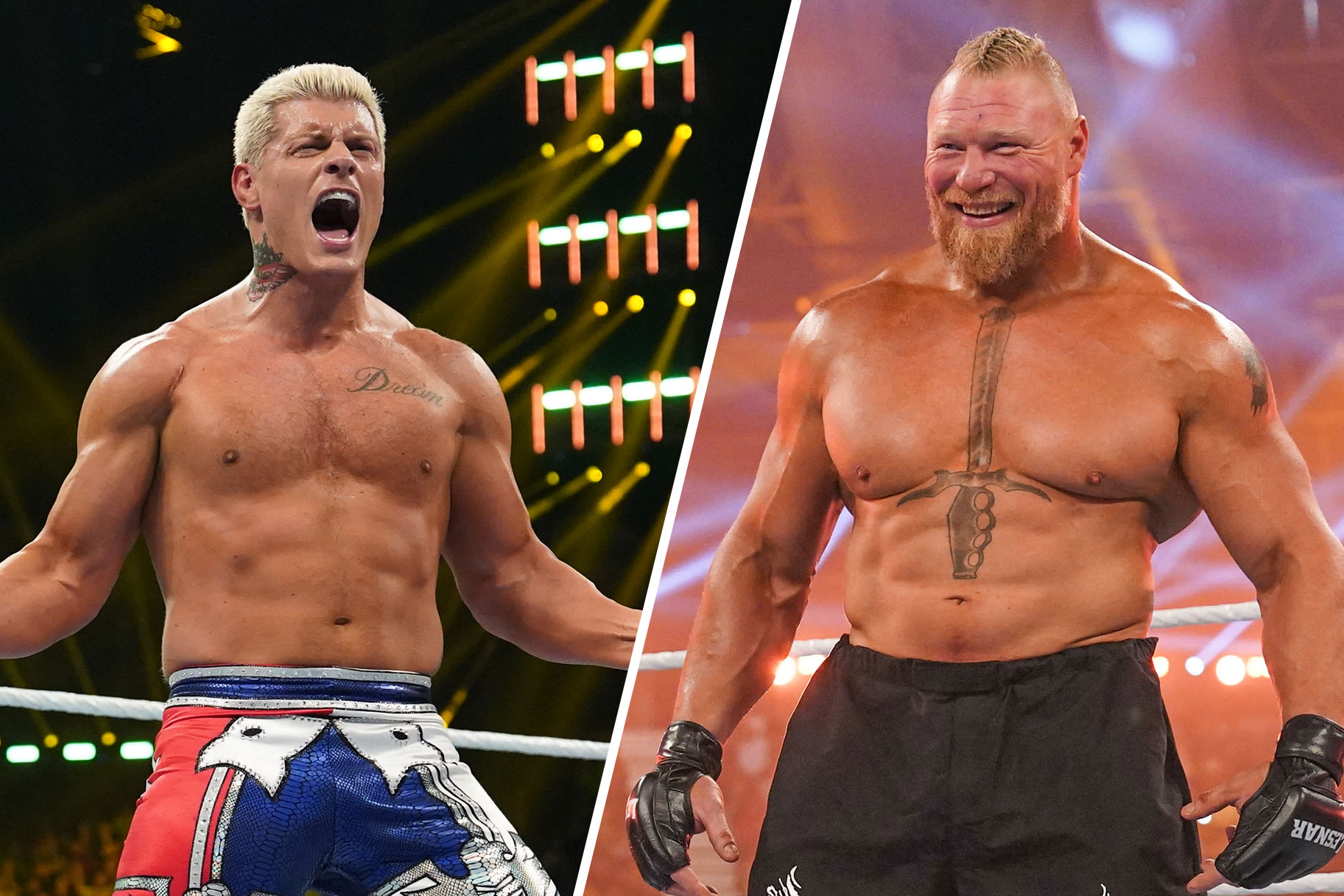 Split image of Cody Rhodes and Brock Lesnar