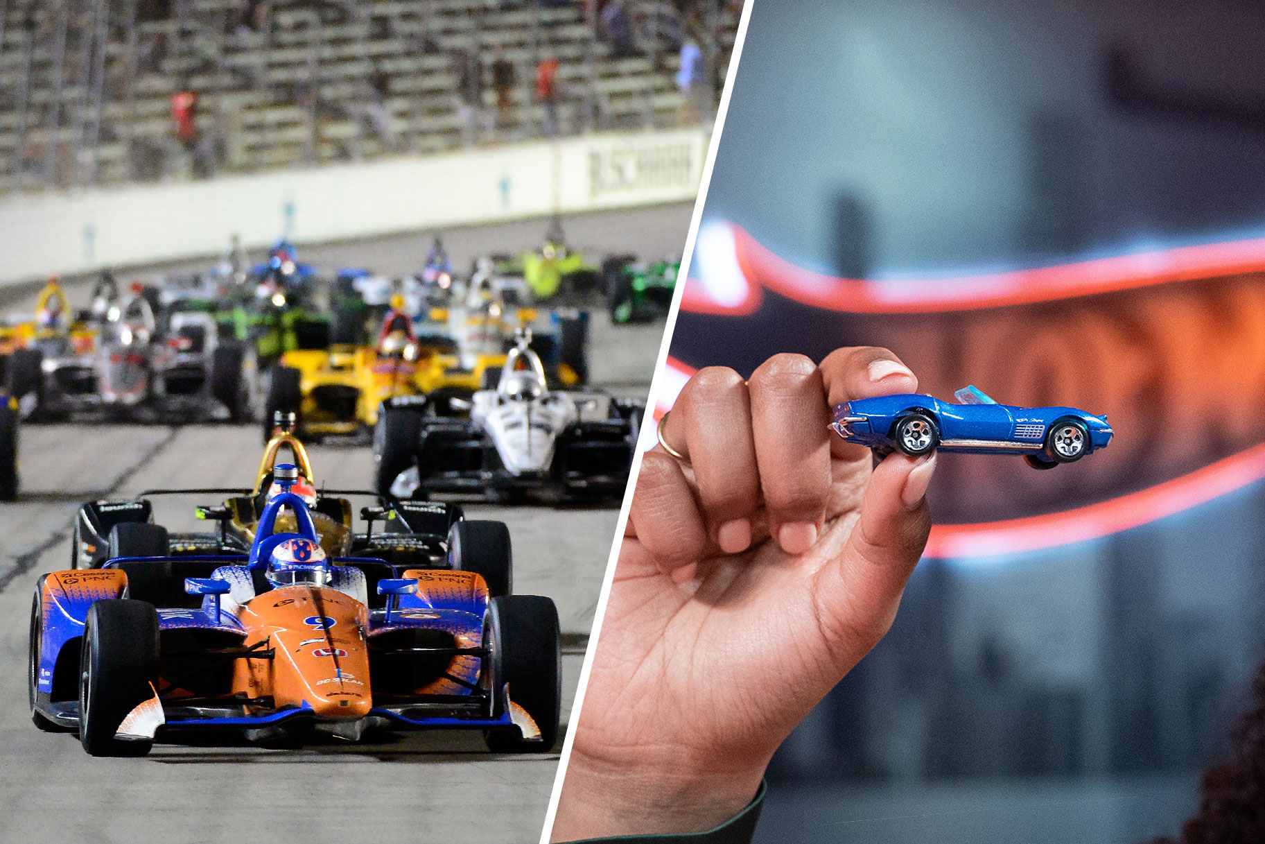 Split image of an IndyCar race and a hot wheels toy car
