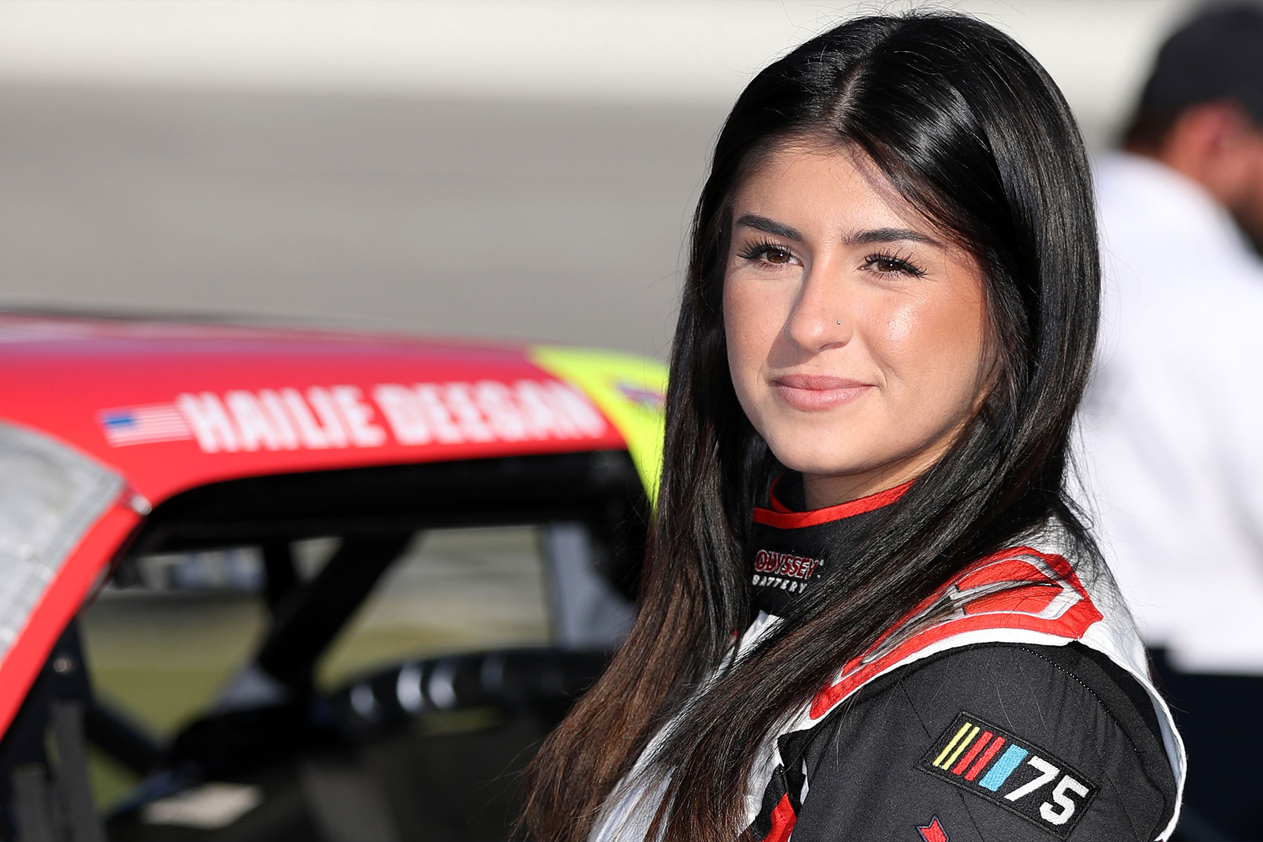 Close up of Hailie Deegan as she waits on the grid