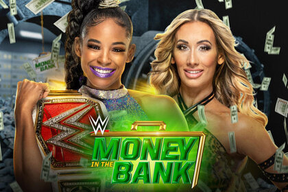 promo image for money in the Bank that features Bianca Belair and Carmella