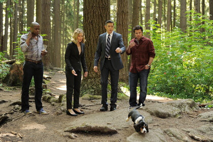PSYCH -- "Right Turn or Left for Dead"  Episode 708 -- Pictured: (l-r) Dule Hill as Burton 'Gus' Guster, Maggie Lawson as Juliet O'Hara, Timothy Omundson as Lassiter, James Roday as Shawn Spencer