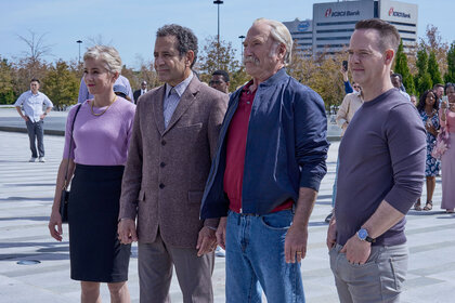 Traylor Howard as Natalie Teeger, Tony Shalhoub as Adrian Monk, Ted Levine as Leland Stottlemeyer, and Jason Gray-Stanford as Randy Disher