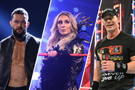 Split image of Finn Falor, Charlotte Flair, and John Cena