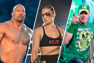 Split image of The Rock, Ronda Rousey, and John Cena