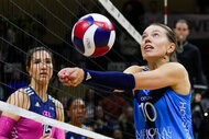 Roni Jones-Perry #12 of LOVB Salt Lake spikes the ball against LOVB Austin during a quarterfinal match.
