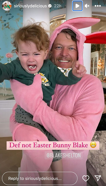 Blake Shelton holds Carson Daly's son while dressed as the Easter bunny