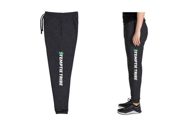 Black sweatpants that have white "temptie tribe" text on the side of the leg