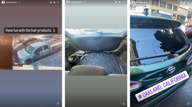 Three images of Sasha Banks' car after it was broken into
