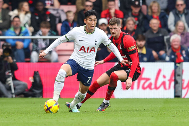 Chris Mepham of Bournemouth closes down Heung-Min Son of Tottenham Hotspur during the Premier League match between AFC Bournemouth and Tottenham Hotspur