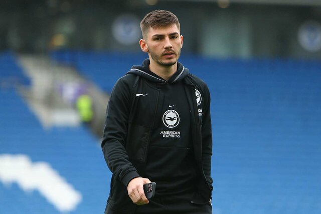 Billy Gilmour of Brighton & Hove Albion inspects the pitch prior to the Premier League match between Brighton & Hove Albion and Everton FC