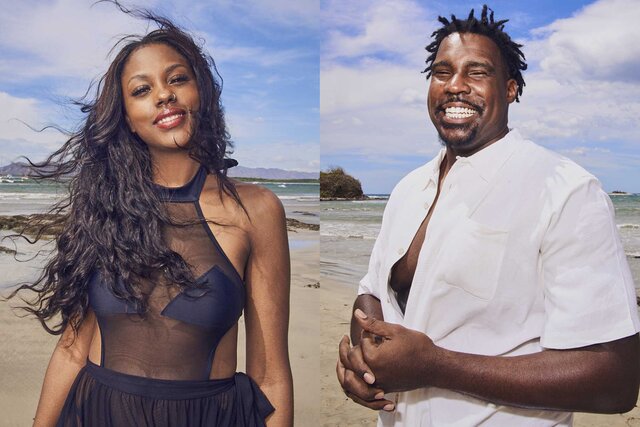 A side-by-side of Ally Lee and David Mims on the beach from The Big D