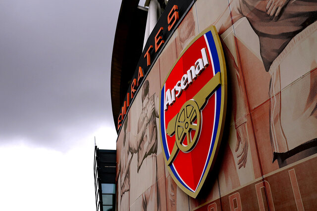 A general view of the Arsenal club crest on Emirates stadium