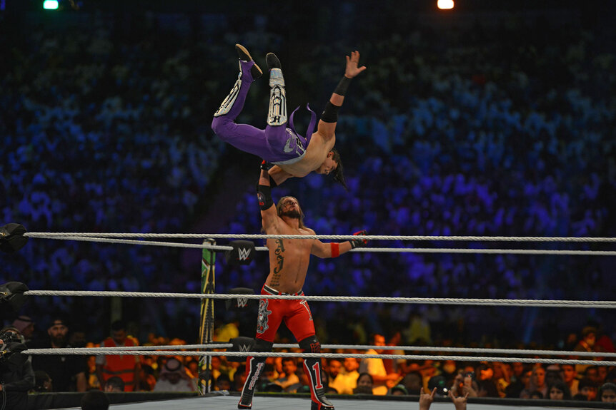 AJ Styles fights against Humberto Carrillo during the WWE Crown Jewel