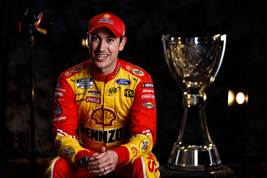 Joey Logano speaks to the media during the NASCAR Championship 4 Media Day