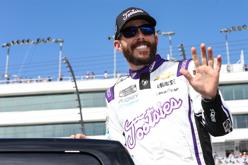 Ross Chastain waves prior to the start of the NASCAR Cup Series Playoff South Point 400