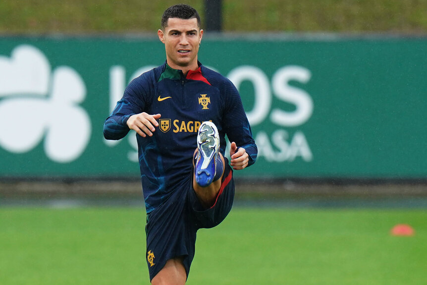 Cristiano Ronaldo of Portugal in action during the Portugal Training and Press Conference