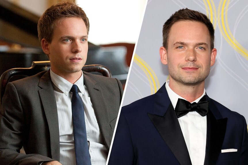 Patrick J. Adams as Mike Ross and Patrick J. Adams on the red carpet of the 75th Annual Tony Awards