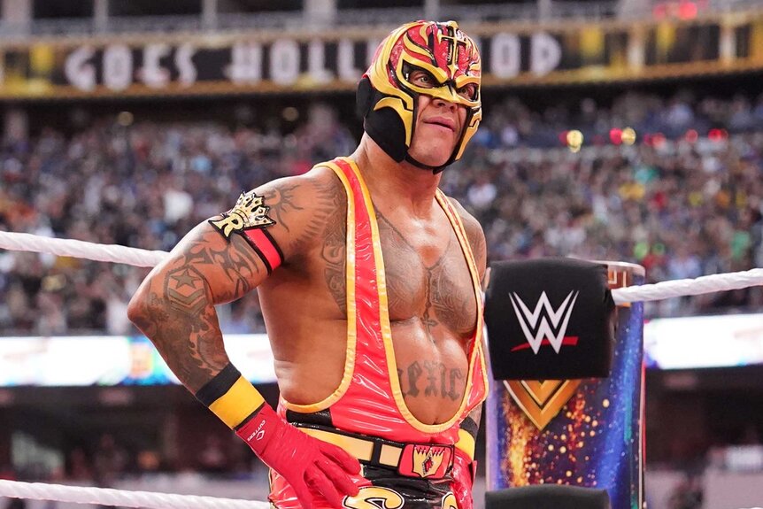 Rey Mysterio stands in the ring during Wrestlemania