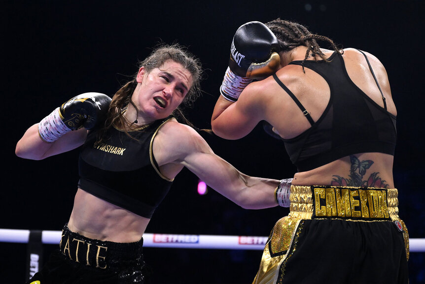 Katie Taylor, left, and Chantelle Cameron during their undisputed super lightweight championship fight.