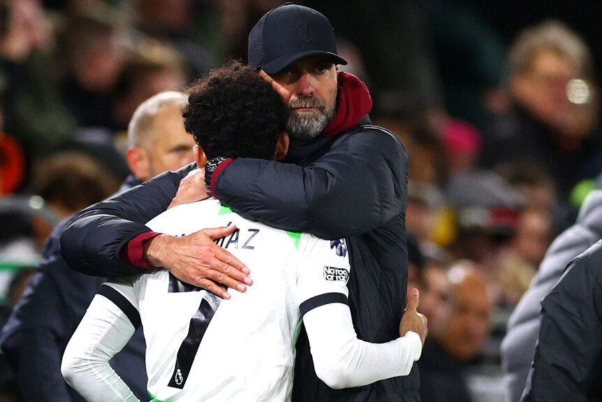 Juergen Klopp, Manager of Liverpool, embraces Luis Diaz