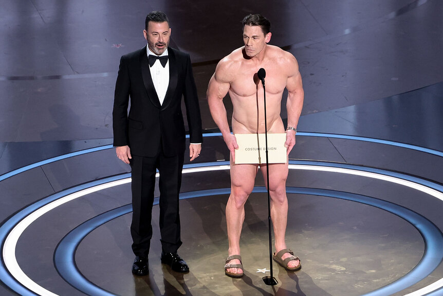 Jimmy Kimmel and John Cena onstage at the 96th Annual Oscars