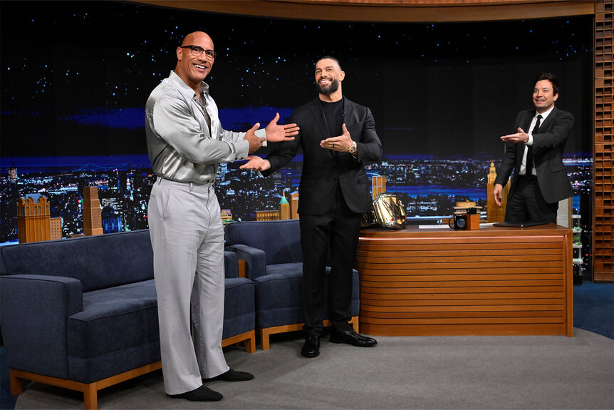 Dwayne Johnson and Roman Reigns being interviewed by Jimmy Fallon on The Tonight Show Starring Jimmy Fallon Episode 1954