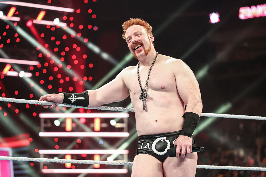 Sheamus leans on the top rope