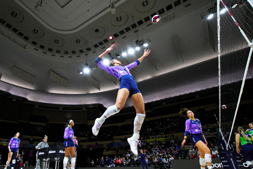 Madisen Skinner #16 of LOVB Austin warms up prior to a match against LOVB Omaha.