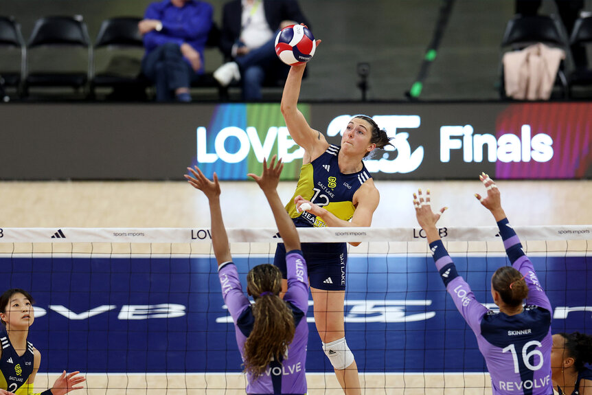 Roni Jones-Perry of LOVB Salt Lake spikes the ball against LOVB Austin.