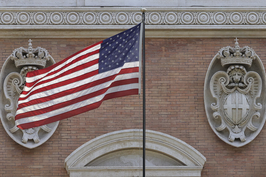 The U.S. flag is seen on the facade of the Embassy in Rome, Italy, on July 14, 2026.