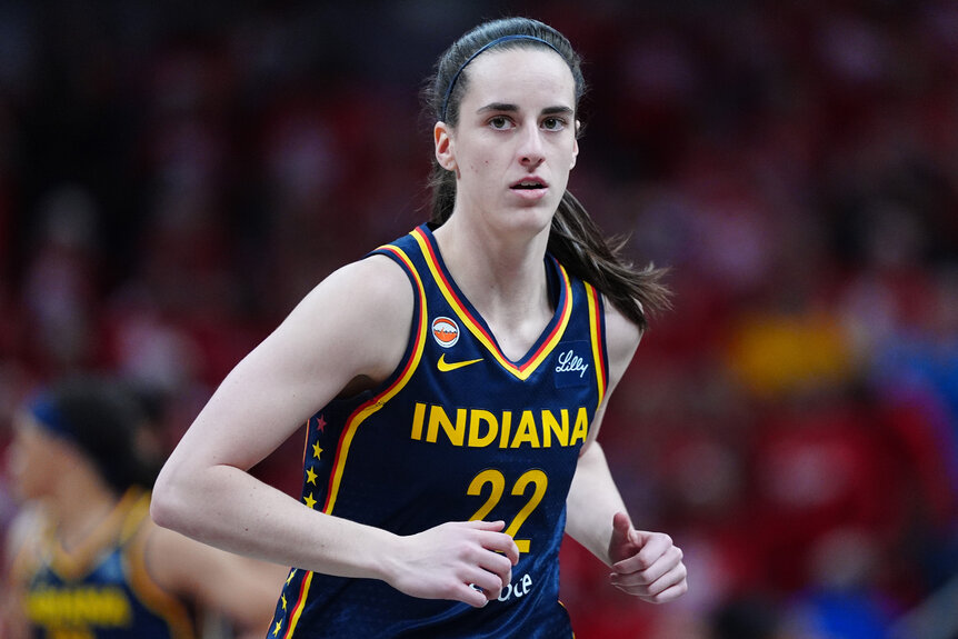 Indiana Fever guard Caitlin Clark (22) runs up the floor while playing against the Las Vegas Aces in game two of Round 1 of the WNBA Playoffs on September 29, 2026, at Gainbridge Fieldhouse in Indianapolis, Indiana.